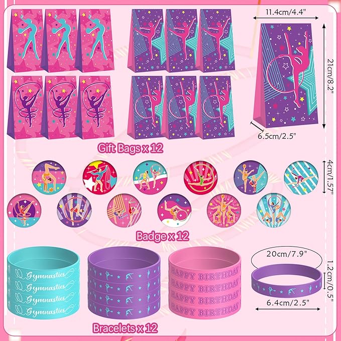Gymnastics Party Favors, Gymnastics Birthday Party Decorations Supplies for Your Little Dance Gymnasts, Including Gift Bags, Slap Bracelets, Rubber Bracelets, Stickers, Tattoo Stickers, Button Pin
