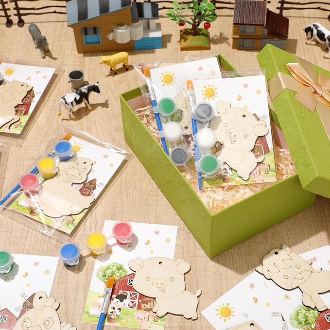 24 Pcs Farm Party Favors Wooden Painting Craft Kits Birthday Party Supplies with Organza Bag for Goodie Bags Fillers Adult Thank You Gifts