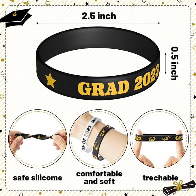 Haooryx 36PCS Class of 2023 Graduation Silicone Bracelets Colorful Congrats Grad Rubber Bracelet Graduating Celebrating Wristbands for Teens Students School College Graduation Party Supply(Black)