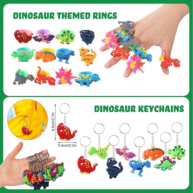 Hungdao 178 Pcs Dinosaur Birthday Party Favors for 16 Kids with Dinosaur Keychain Sticker Stamp Ring Slap Bracelet Tattoo Sticker Gift Bag Tag for Dinosaur Boys and Girls Party Carnival Gift Fillers