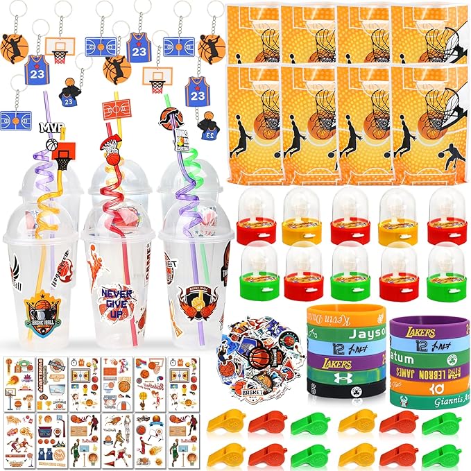 166PCS Basketball Party Favors with Cups Straw Tattoos Sticker Keychain Bracelet Whistle Basketball Toys & Goodie Bags for Birthday Party Supplies, Classroom Treasure Prizes, Basketball Team Gifts