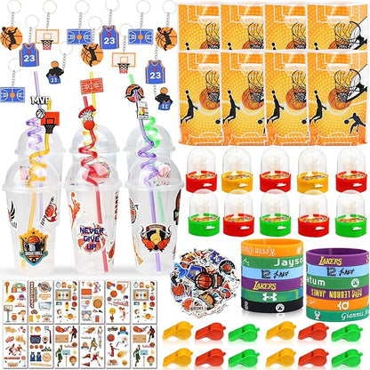 166PCS Basketball Party Favors with Cups Straw Tattoos Sticker Keychain Bracelet Whistle Basketball Toys & Goodie Bags for Birthday Party Supplies, Classroom Treasure Prizes, Basketball Team Gifts