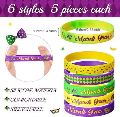 60 Pcs Mardi Gras Party Favors Includes 30 Mardi Gras Rubber Bracelets Silicone Wristbands and 30 Button Pins Badges for Carnival Birthday Party Supplies Decorations Goodie Bag Stuffers Fillers
