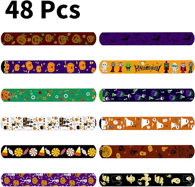 Elcoho 48 Pieces Halloween Slap Bracelets Toys Assorted Halloween Designs Snap Bracelets Wristbands for Craft Halloween Party Favors Exchanging Gifts