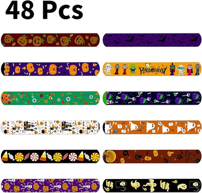 Elcoho 48 Pieces Halloween Slap Bracelets Toys Assorted Halloween Designs Snap Bracelets Wristbands for Craft Halloween Party Favors Exchanging Gifts
