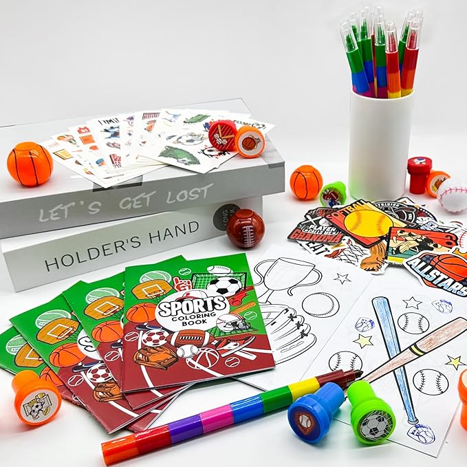 Cinrobiye 72 Pieces Sports Party Favors，Sports Goodie Bags Fillers ，Sports Coloring Book with Crayons，Ball birthday Party Supplies，Sports Games Class Prizes Gift for Classroom Sports School Party