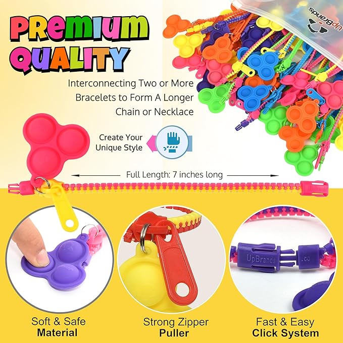 UpBrands 48-Pack Popit Zipper Bracelets with Valentine Day Cards - Perfect Sensory Gifts for Classroom Exchanges and Kids’ Joyful Moments