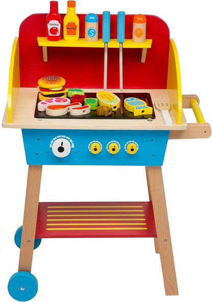 Cook 'N Grill Wood Toy BBQ Set- Pretend Play Wooden Barbeque Food & Grilling Tools for Kids, 30+ Pieces Feat Spatula, Burger & More, Fun Indoor Activity Playset, Daycare, Playroom Centers or Gift