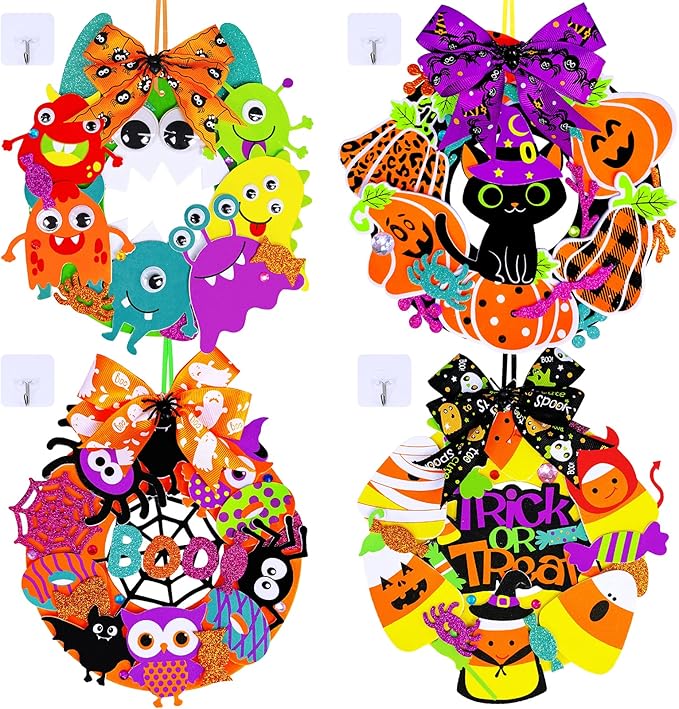 Winlyn 12 Sets Halloween Craft Kits Fall Crafts DIY Halloween Wreath Decorations Art Sets Pumpkin Monster Candy Corn Spider Bat Arts and Crafts Halloween Foam Stickers for Kids Classroom Activities