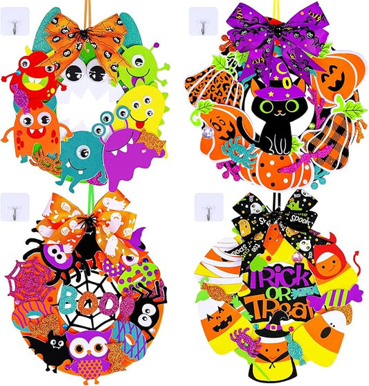 Winlyn 12 Sets Halloween Craft Kits Fall Crafts DIY Halloween Wreath Decorations Art Sets Pumpkin Monster Candy Corn Spider Bat Arts and Crafts Halloween Foam Stickers for Kids Classroom Activities