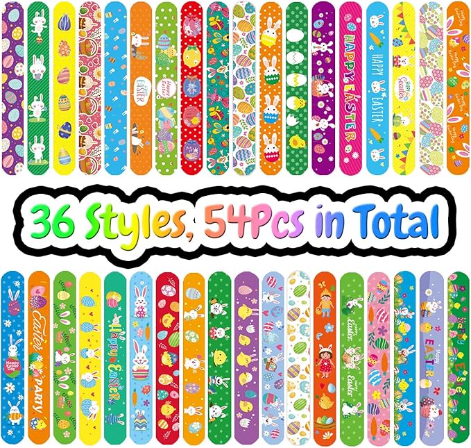 54Pcs Easter Slap Bracelets, Easter Basket Stuffers, Easter Egg Fillers Gifts, Easter Egg Hunt Event, Party Favors , Classroom Prizes for Kids Teens Toddler, School Supplies