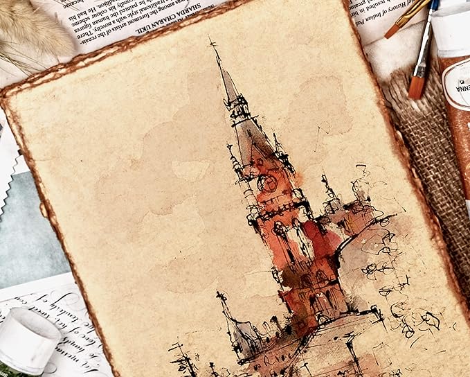 LEATHER VILLAGE Watercolor Paper - 7.5 X 11 inches, 50 Sheets - Mixed Media Watercolor Paper - 150 GSM Thick Deckle Edge Virgin Cotton Handmade Paper - Vintage Toned