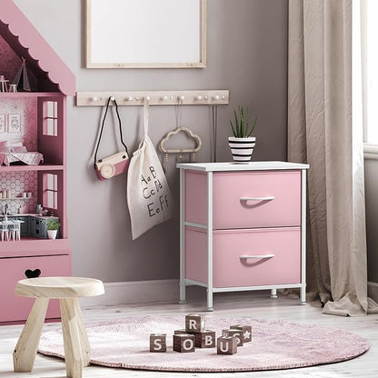 Sorbus Nightstand with 2 Drawers - Kids Bedside Furniture End Table Night Stand - Steel Frame, Wood Top & Easy Pull Fabric Bins - Dresser & Chest for Home, Bedroom Accessories, Office & College Dorm