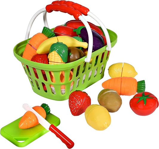 Playkidz: Fruit and Vegetables Basket Pretend Play Kitchen Food Educational Playset with Toy Knife, Cutting Board (32 Pieces of Food Toys)