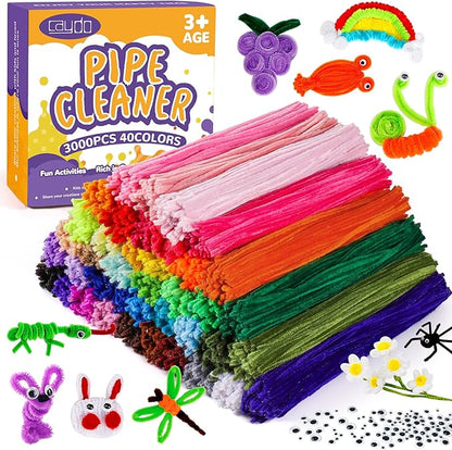 Caydo 3000 Pieces Pipe Cleaners 40 Assorted Colored Chenille Stems with 100 Pieces Wiggle Eyes for Art and Crafts, Children’s Craft Supplies (6 mm x 12 inch)