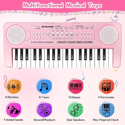 Kids Toddler Toy Piano Keyboard - 37 Key Pianos for Kid Music Toys Instruments with Microphone | Unlock Musical Fun! Perfect Birthday for 3-8 Year Old (Pink)