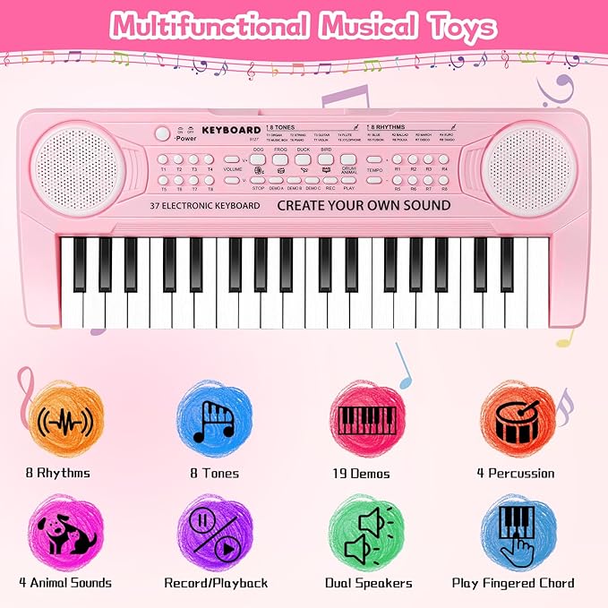 37 Key Pink Piano for Kids Music Toy for 3+ Year Old Girls Keyboard Pianos Beginners Kid Keyboards with Microphone Toys for 3 4 5 6 7 8 Year Old Girl Boys Gifts Age 3-8