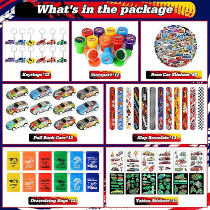 122 PCS Race Car Party Favors, Racing Birthday Party Favors with Pull Back Cars Drawstring Bags Slap Bracelet Keychain Stamper Tattoo Stickers, Racecar Theme Party Supplies Goodie Bag for Boys Kids