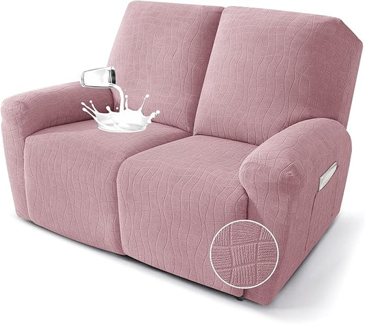 MAXIJIN Waterproof Loveseat Recliner Cover 4 Pieces Reclining Love Seat Slipcvers, Recliner Sofa Cover 2 Seater with Elastic Straps & Pockets for Pet, Kids (Loveseat Recliner, Dusty Pink)