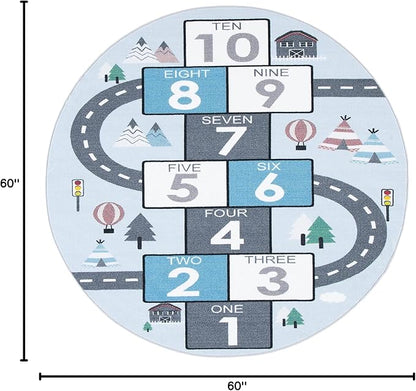 SAFAVIEH Kids Playhouse Collection Area Rug - 5' Round, Grey & Blue, Non-Shedding Machine Washable & Slip Resistant Ideal for High Traffic Areas for Boys & Girls in Playroom, Nursery (KPH226F)