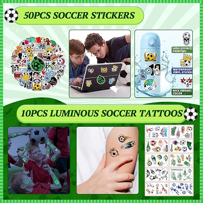 120Pcs Soccer Party Favors, Soccer Birthday Party Supplies with Whistle Stickers Slap Bracelet Key Chains and Soccer Goodie Bags for Soccer Party Decorations Supplies