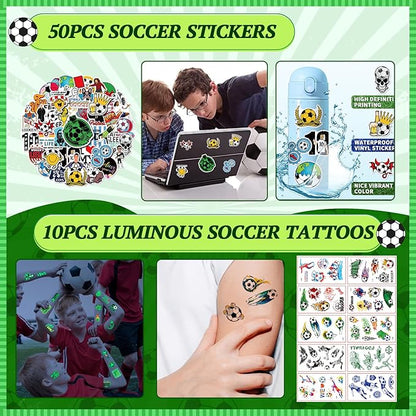 120Pcs Soccer Party Favors, Soccer Birthday Party Supplies with Whistle Stickers Slap Bracelet Key Chains and Soccer Goodie Bags for Soccer Party Decorations Supplies