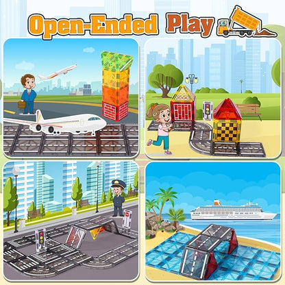 Magnetic Tiles Kids Construction Toys - Road Set with Magnet Crane for Boys Age 3-5 4-8 8-10, Magnet Building Blocks Expansion Pack Toy Car Track Train Set, Road, Dolls, Traffic Lights and Stations