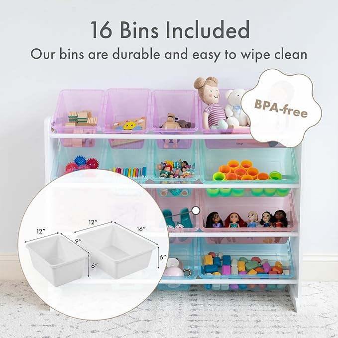 Humble Crew Toy Storage Organizer with 16 Removable Storage Bins for Kids Playroom, 4-Tier Toddler Toy Organization and Storage, White/Purple/Pink/Blue