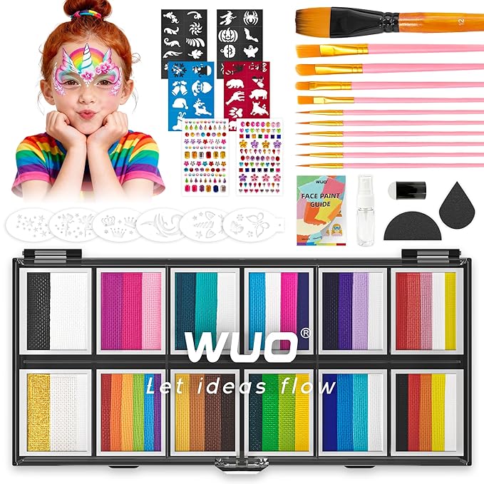 WUO Professional Face Painting Kit for Kids Adults, 12x10g Split Cake Palette with Stencils Sponge, Non-Toxic Water-Activated Rainbow Body Face Paint Makeup for Halloween Christmas & Costume Partie