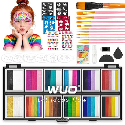 WUO Professional Face Painting Kit for Kids Adults, 12x10g Split Cake Palette with Stencils Sponge, Non-Toxic Water-Activated Rainbow Body Face Paint Makeup for Halloween Christmas & Costume Partie