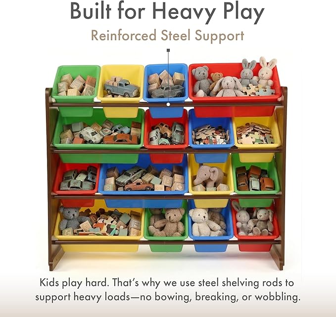 Humble Crew Toy Storage Organizer with 16 Removable Storage Bins for Kids Playroom, 4-Tier Toddler Toy Organization and Storage, Walnut/Primary