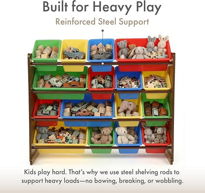 Humble Crew Toy Storage Organizer with 16 Removable Storage Bins for Kids Playroom, 4-Tier Toddler Toy Organization and Storage, Walnut/Primary