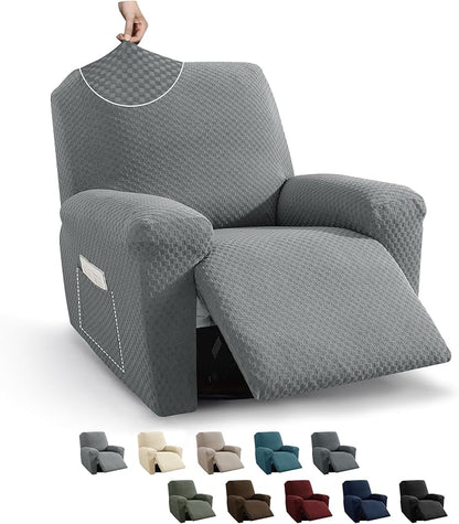 MAXIJIN Recliner Cover Slipcovers for Living Room 4 Pieces Stretch Jacquard Recliner Chair Cover Soft Fitted Recliner Protector with Elastic Bottom for Kids, Pets (Recliner, Light Gray)
