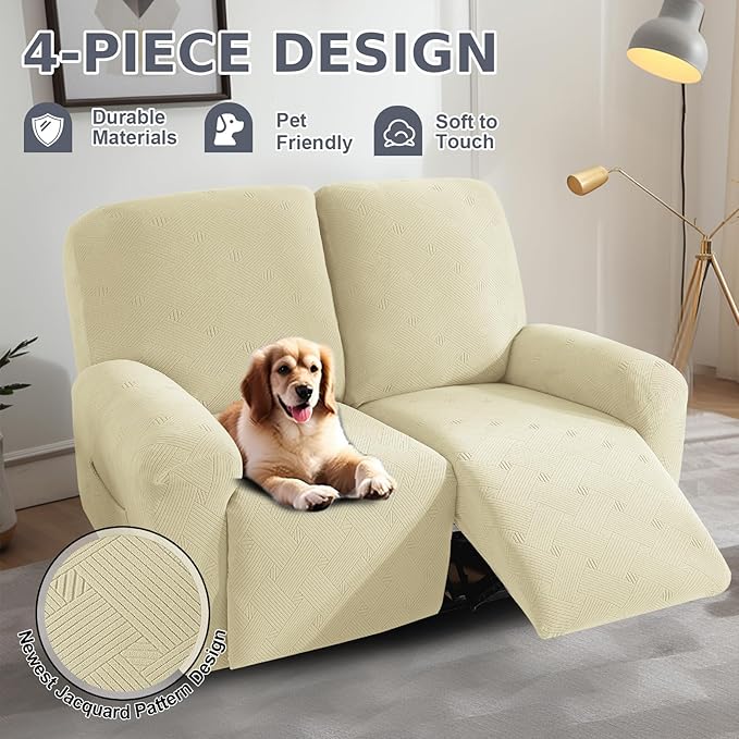 JIVINER Loveseat Recliner Covers, Jacquard 4 Piece Recliner Sofa Cover with Pockets Washable Lazy Boy Reclining Couch Protector with Elastic Bottom (Recliner Loveseat, Beige)