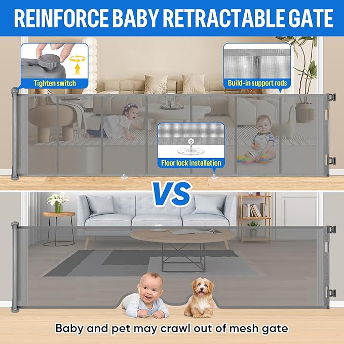 34X120” Extra Wide Safety Retractable Baby Gate, Extra Wide Safety Kids or Pets Gate, 34” Tall, Extends to 120” Extra Wide, Built-in Reinforce Strip Mesh Safety Dog Gate for Stairs,Doorways, Hallways