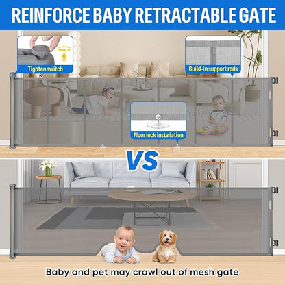 34X120” Extra Wide Safety Retractable Baby Gate, Extra Wide Safety Kids or Pets Gate, 34” Tall, Extends to 120” Extra Wide, Built-in Reinforce Strip Mesh Safety Dog Gate for Stairs,Doorways, Hallways