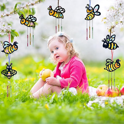 Fennoral 10 Pack Bee Wind Chime Kit for Kids Make You Own Honey Bee Wind Chimes Ornaments DIY Coloring Wooden Art and Craft for Insects Spring Art Activities Birthday Party Decorations