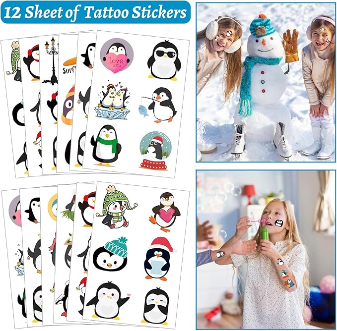 Penguin Party Favors, Penguin Temporary Tattoos Slap Bracelets Keychains Badges Gift Bags for Winter Penguin Birthday Party Supplies Decorations Gifts for Kids Classroom Rewards Baby Shower