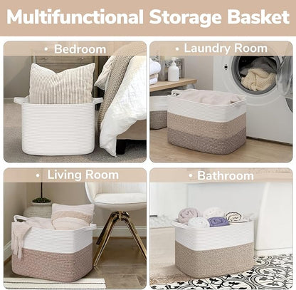 Goodpick Woven Baskets for Organizing, 18" x 14" x 12" Blanket Storage for Living Room Home Decor, Rectangle Toy Storage Basket for Kids, Large Gift Baskets Empty, White & Brown
