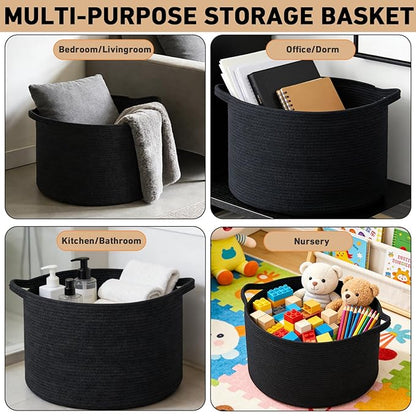 115L Large Blanket Basket,23.6" L x 23.6" W x 15.7" H Rope Woven Baskets with Handles, Toys Storage Bins,Laundry Basket Perfect for Living Room, Nursery,Bedroom,Home Organization,Black