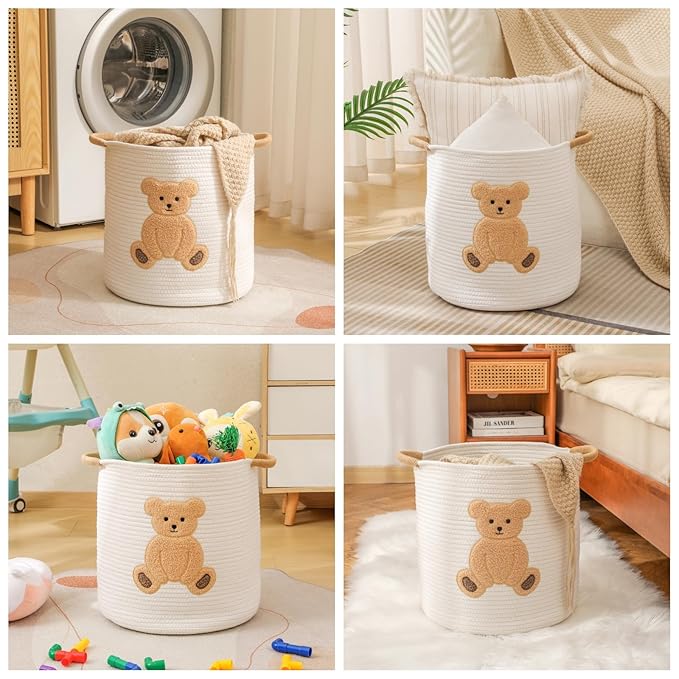 Large Blanket Baskets for Living Room, Teddy Bear Baskets Toy Storage Basket Woven Cotton Rope Basket for Kids, Toys Organizer Clothes Hamper with Embroidery, Teddy Bear Nursery Decor ( Large )