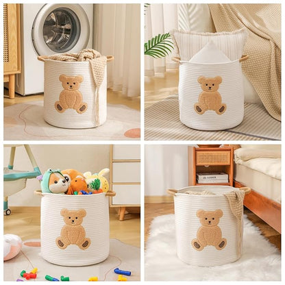 Large Blanket Baskets for Living Room, Teddy Bear Baskets Toy Storage Basket Woven Cotton Rope Basket for Kids, Toys Organizer Clothes Hamper with Embroidery, Teddy Bear Nursery Decor ( Large )
