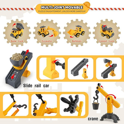 Asoxt Construction Sensory Playset - 43pcs Play Sand Art Kit- 2 lbs Sand,Sandbox,4 DIY Construction Trucks,Crane,Conveyor,8 Sand Molds,6 Figures,12 Road Signs - Ideal Toy for Boys & Girls Ages 3+