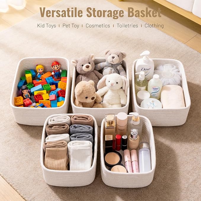 5 Pack White Small Woven Storage Baskets for Shelves, Cotton Rope Baskets Organizer for Bathroom, Closet & Nursery, Decorative Storage Bins for Organizing Socks, Toys, 11.8"x7.9"x4.7"