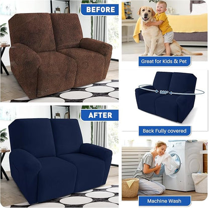 MAXIJIN Waterproof Loveseat Recliner Cover 4 Pieces Reclining Love Seat Slipcvers, Recliner Sofa Cover 2 Seater with Elastic Straps & Pockets for Pet, Kids (Loveseat Recliner, Navy Blue)