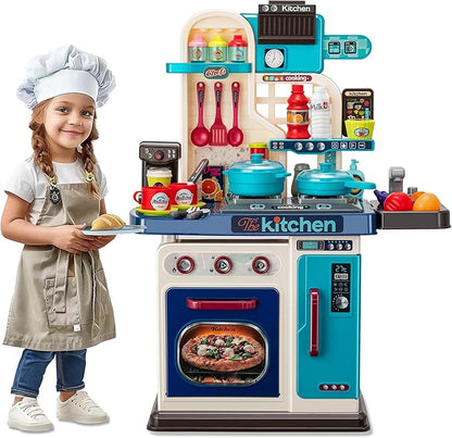Kids Kitchen Playset-53pcs Cooking Stove,Paly Sink,Oven,Kitchen Toys with Realistic Lights&Sounds，Pretend Play Toys,Kitchen Toys for Toddler 1 2 3(Blue)