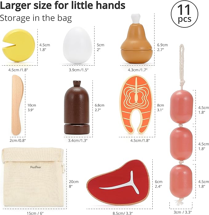 PairPear Wooden Toys Play Food Sets for Kids Kitchen, Kids Toy Food Cutting Meat Set for Toddlers 3+ Years Old, Pretend Food Play Kitchen Accessories for Girls and Boys