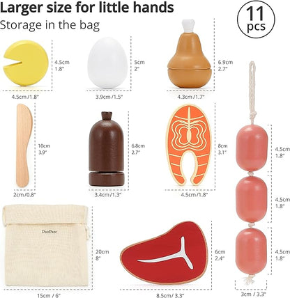 PairPear Wooden Toys Play Food Sets for Kids Kitchen, Kids Toy Food Cutting Meat Set for Toddlers 3+ Years Old, Pretend Food Play Kitchen Accessories for Girls and Boys