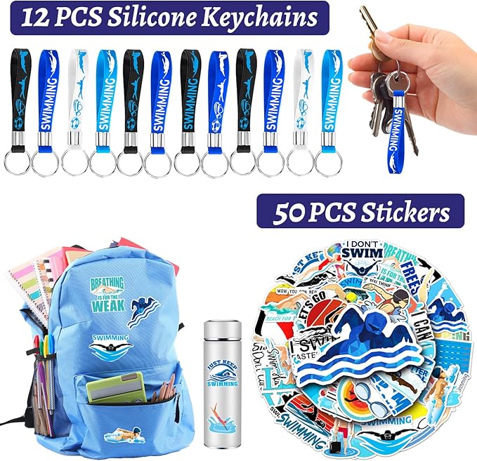98 PCS Swimming Party Favors, Swimming Temporary Tattoos Badges Silicone Bracelets Stickers Keychains for Swimming Swim Team Sport Birthday Party Decorations Supplies Gifts for Swimmers Kids Teens