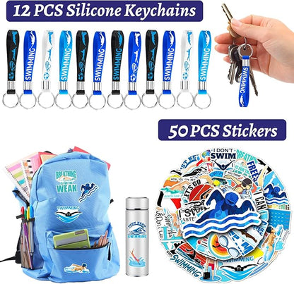 98 PCS Swimming Party Favors, Swimming Temporary Tattoos Badges Silicone Bracelets Stickers Keychains for Swimming Swim Team Sport Birthday Party Decorations Supplies Gifts for Swimmers Kids Teens